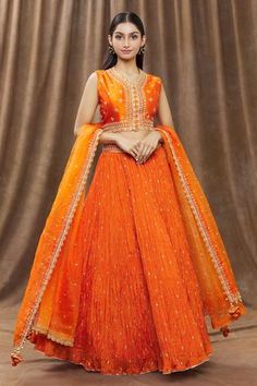 Shop for Surbhi shah Orange Pure Silk Crushed Lehenga Set for Women Online at Aza Fashions Crushed Lehenga, Sheer Dupatta, Embroidery Mirror, Orange Mirror, Scallop Border, Embroidered Motifs, Party Wear Lehenga, Pattern Embroidery, Lehenga Designs