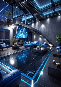 a living room filled with furniture and a pool