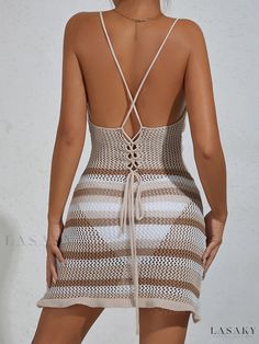 Lasaky - Kalaia Resort Collection: Sleeveless Cut Out Spaghetti Dress with Tie-Back Detail - Exquisite Womens Beachwear Fitted Cami Beach Dress, Beige Sleeveless Sundress For Beach Season, Cami Sundress For Beach Vacation, Casual Cami Mini Dress For Beach, Beach Season Halter Neck Sundress With Straps, Halter Neck Beach Sundress With Straps, Halter Neck Sundress With Straps For Beach Season, Spring Beach Cami Mini Dress, Beach Season Cami Sundress