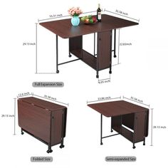 three different types of tables with measurements for each table