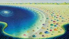 a painting of an ocean beach with jellyfish and stars in the sky above it