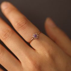 JSVConcepts Fine Jewelry Amethyst and Diamonds Flower Ring, Vintage Style Gemstone Diamond Ring, Minimalist Ring, Floral Ring, Gifts for Her ≫ Product Details ◈ Handmade / Handcrafted Fine Jewelry ◈ Stone: 100% Natural Diamond, 100% Natural Amethyst ◈ Carat Weight: 1.20mm diamonds x 6 pcs (.009 ct x 6 pcs = .054 CTW), 3mm Amethyst ◈ Ring Height: 3.50mm ◈ Ring Thickness: 1.20mm ◈ Flower Size: 7.45mm x 6.65mm ◈ Color: F-G ◈ Clarity: VS2-SI1 ◈ Cut: Brilliant Cut ◈ Weight: approximately 1.2g ◈ Metal Fine Jewelry Wedding Birthstone Ring, Tiny Birthstone Ring For Wedding Fine Jewelry, Dainty Amethyst Ring With Accent Stones, Dainty Gemstone Cluster Ring, Dainty 14k Gold Amethyst Ring For Wedding, Dainty Rose Gold Amethyst Promise Ring, Dainty Flower Shape Gemstone Rings, Dainty Rose Gold Amethyst Wedding Ring, Purple Flower Ring For Wedding