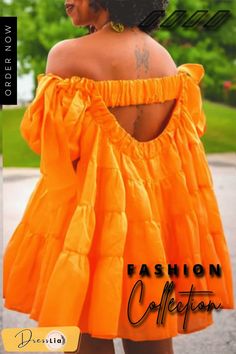 Off Shoulder High Waist A-line Loose Pleated Dresses Spring Orange A-line Mini Dress, Spring Orange A-line Dress, Orange A-line Dress With Ruffles, Loose Mini Dress, Tiered Mini Dress, Casual Wear Dress, Dress Sleeve Styles, Off Shoulder Fashion, Back Off