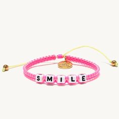 Pretty Bright Pink Woven Bracelet That Says Smile Gold Accents Adjustable Size Gift Yourself Or Gift A Friend Smile Bracelet, Woven Bracelet, Pink Gold, Gold Accents, Bright Pink, Pink And Gold, Dream Closet, Pink Color, Christmas Gifts