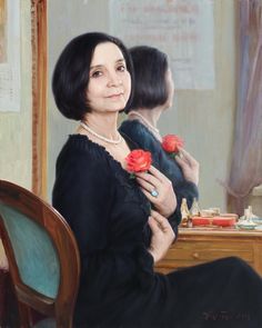 a painting of a woman sitting at a desk with flowers in her lap and looking out the window