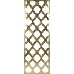 a decorative metal screen with an intricate design on the front and back panel, in gold