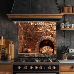 a stove top oven sitting inside of a kitchen next to a counter with bread on it