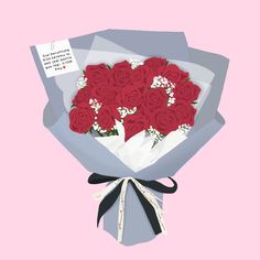 a bouquet of red roses wrapped in white paper with a note attached to the end