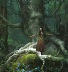 a painting of a woman standing in the middle of a forest next to a giant tree