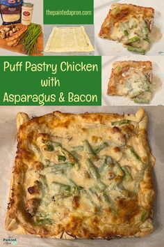 puff pastry chicken with asparagus and bacon is shown in this collage image