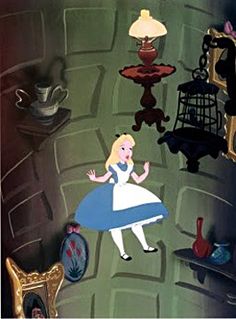 an animated scene with alice and the wonderland tea party, including a woman in blue dress