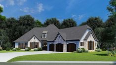 this is an artist's rendering of a house in the country style with two car garages