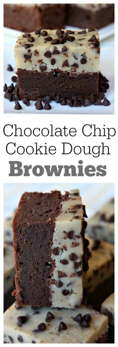 chocolate chip cookie dough brownies are stacked on top of each other