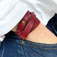 Leather Wrap Bracelet Handmade - Boho Style Cuff - Bordeaux Red Leather + Antique Brass - Personalized Gift For Her - Mens Bracelet Boho Cuff, Brown Leather Bracelet, Classic Bracelets, Personalised Gifts For Him, Boho Leather, Personalized Gifts For Her, Leather Wrap Bracelet, Leather Cuffs, Handmade Boho