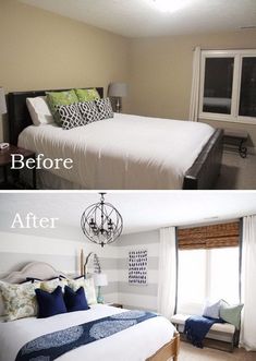 two pictures of a bedroom with white and green decor on the walls, one in black and white