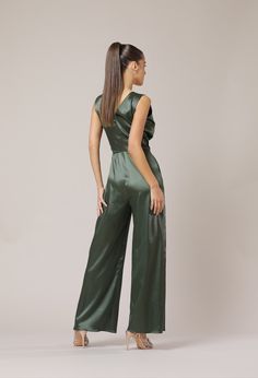 Satin V-neck Jumpsuits And Rompers For Party, Elegant Silk V-neck Jumpsuits And Rompers, Jumpsuit Formal Wedding, Red Satin Jumpsuit, Formal Satin V-neck Jumpsuit, Elegant Silk V-neck Jumpsuit, Jumpsuit Wedding Guest, Cocktail Jumpsuit, Bridesmaids Jumpsuits