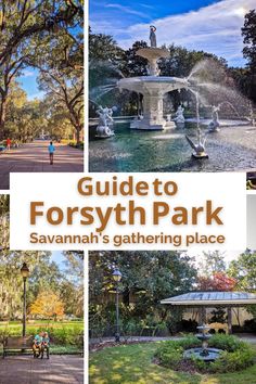 the guide to forsyth park savannah's gathering place is featured in this postcard