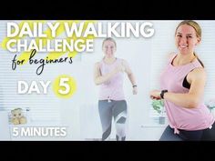 a woman in pink shirt and black leggings with the words daily walking challenge for beginners day 5