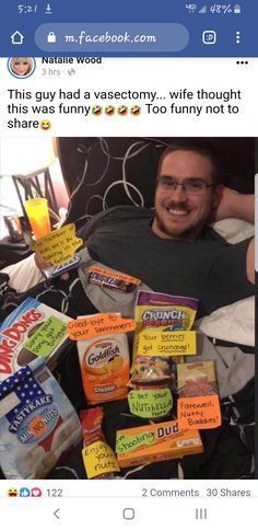 a man laying in bed with lots of food on top of him and the caption reads,