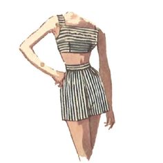 "Misses' Bra and shorts: Playsuit bra with square neckline and back button closing. Trim shorts are fitted with darts at waistline. Bust: 30\" (76.2cm), Waist: 24\" (61cm), Hips: 33\" (84cm) Offered here as: Digital Download (how to print and assemble).  Sewing Skill Level: Beginner Recommended Fabrics: Cotton, Linen, Denim, Corduroy, Gingham, Poplin. Fabric Amount Guideline: Fabric amounts vary, depending on width of fabric and style. Please see the pattern back image for specific details.  Aft Fitted Pinup Bottoms For Summer, Fitted High Waist Vintage Shorts, Vintage High Waist Fitted Shorts, Vintage Fitted High Waist Shorts, Fitted Vintage High Waist Shorts, Retro Summer Bottoms For Vintage Fashion, Retro Bottoms For Summer Vintage Fashion, Vintage Fitted Bottoms For Beach, Fitted Vintage Beach Shorts