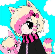 an anime character with pink hair and black clothes is holding two small white kittens