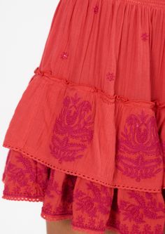 Get ready to turn heads in our Mina Embroidered Mini Skirt! With its bright coral hue and stunning embroidery detailing, this skirt is perfect for dressing up or down. The button front and tiered design add a playful touch and the lightweight linen cotton blend makes it a comfortable choice. Plus, it even has side pockets for added convenience! Embroidery Detailing, Spring Dress, Premium Brands, Small Tops, Sweater Accessories, Occasion Wear, Dresses For Sale, Mini Skirt, Sweater Dress