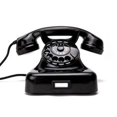 an old fashioned black telephone on a white background with clippings to the side