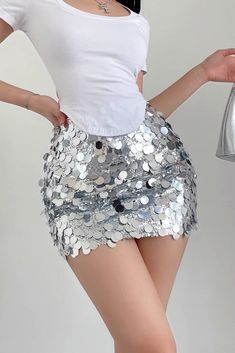 Item Type: Skirt Material: Polyester Pattern: Sequin Waist: High Waist Color: Picture Color Size: S,M,L Size(cm) Length Waist Hip S 34 64 70 M 35 68 80 L 36 72 84 Large Sequins, Rhinestone Dress, Dress Satin, Short Skirt, Slim Waist, Bandage Dress, Mesh Dress, Velvet Dress, Satin Dresses