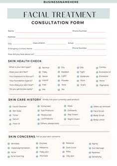 EDITABLE Facial Consultation Form, Client Intake Form,Client Consent Form, Esthetician Form, Editable Spa Forms,Esthetician Form Template EDITABLE facial consultation form template is for you to customize for your clients in your business. The text has been written for you. It is also easily edited in CANVA free version so that you can customize to your own business. It is completely customizable and available in 2 sizes: 1) A4 DOCUMENT 2) US LETTER Use our template for your business today! Esthetician Client Consent Form, Esthetician About Me, Facial Client Consultation Form, Facial Client Intake Form, Skin Care Consultation, Consultation Forms Beauty, Waxing Consultation Forms, Skin Consultation Form, She Shed Esthetician Room