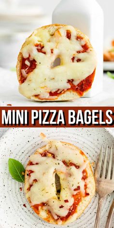 mini pizza bagels with cheese and sauce are on a plate next to a fork