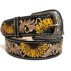 "Hey there! Ready to flaunt your casual style with this stunning embossed sunflower belt? It's made from real leather and comes with snaps for easy buckle removal. This belt is perfect for dressing up or down and will definitely add a touch of bohemian-chic style to any outfit. Go ahead and rock that look!" to any outfit. Go ahead and rock that look!" *HANDMADE  with love and care with the help of talented artisans for an authentic look. *EMBOSSED LEATHER, engraved classic buckle *Features snaps Adjustable Hand-tooled Belts, Adjustable Hand Tooled Belt For Festivals, Adjustable Belts As A Gift, Sunflower Belt, Leather Engraved, Womens Belt, Handmade Leather Belt, Bohemian Chic Fashion, Belt For Women