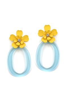 - Statement Earrings - Floral Design - Yellow - Blue Lucite Hoop Detail - Crystal Accent - L: 2.5" - Post Back - Lead & Nickel Compliant Blue Hoop Earrings For Spring, Trendy Blue Hoop Earrings For Spring, Blue Hoop Earrings For Spring Gift, Build Me Up Buttercup, Pink Statement Earrings, Lily Jewelry, Silver Bead Earrings, Flower Hoop Earrings, Floral Studs