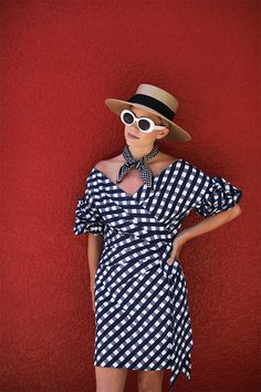 Atlantic-Pacific Blog // Blair Eadie wearing a gingham dress, straw hat, and Chanel flats // Click to see more summer gingham outfits on her site! Preppy Prints, Cruise Fashion, Fame And Partners