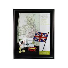 a black framed photo with a flag and map in the background that says,'we love scotland '