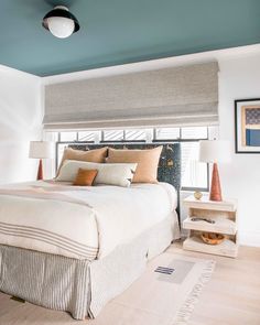 a bedroom with blue ceiling and white bedding