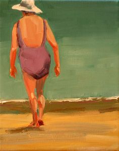 a painting of a woman walking on the beach with her back turned to the camera