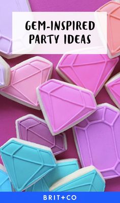 some pink and blue decorated cookies with text overlay that says gem - inspired party ideas