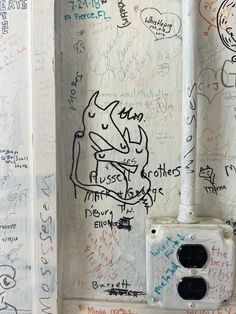 the wall is covered with graffiti and other writing