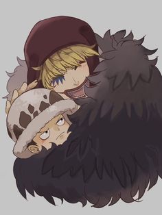 two anime characters are hugging each other in front of an animal's fur coat