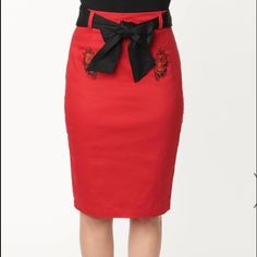 Sultry Pencil Skirt Crafted In Red Cotton With A Dash Of Stretch. Embroidered Red Spanish Roses Embellish The Front, Complete With A Back Zipper And Black Sash *Black Keyhole Shirt Sold Separately* Chic Red Mini Skirt For Formal Occasions, Chic Red Formal Mini Skirt, Elegant Red Pencil Mini Skirt, Chic Red Pencil Skirt For Party, Elegant Red Pencil Skirt, Elegant Red Lined Pencil Skirt, Red Mini Pencil Skirt For Party, Red Pencil Skirt For Party, Chic Red High-waisted Pencil Skirt