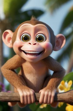 a cartoon monkey sitting on top of a tree branch with eyes wide open and smiling