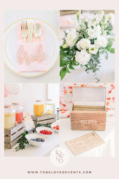 the table is decorated with flowers, plates and utensils for bride's day