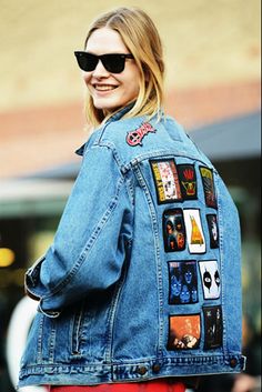 Sarah Blomqvist model off duty patchwork denim jacket Patchwork Trends, Patchwork Denim Jacket, Instagram Wall, Tommy Ton, You're So Pretty, Denim Jacket Fashion, Custom Denim, Denim Patches, Autumn Street Style