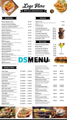 a menu with different types of food and drinks on the front, along with prices for each