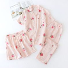 Lounging Outfit, Best Loungewear, Girls Nightwear, Cotton Pajamas, Pink Strawberry, Summer Suits, Fruit Print, Collars For Women, Summer Patterns