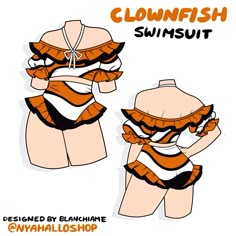 an orange and white swimsuit with ruffles on the bottom, front and back