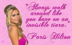 a woman in a pink dress with a tiara on her head and the words paris hilton