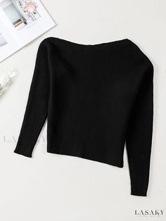 Lasaky - Womens Casual Off-Shoulder Crew Neck Sweater: Loose-fitting Long Sleeve Knit Sweater for Fall and Winter Season Solid Stretch Off-shoulder Sweater, Solid Off-shoulder Winter Top, Fitted Off-shoulder Sweater, Black Off-shoulder Sweater For Spring, Black Stretch Off-shoulder Sweater, Fitted Boat Neck Winter Tops, Fitted Black Off-shoulder Sweater, Black Fitted Off-shoulder Sweater, Fitted Off-shoulder Black Sweater