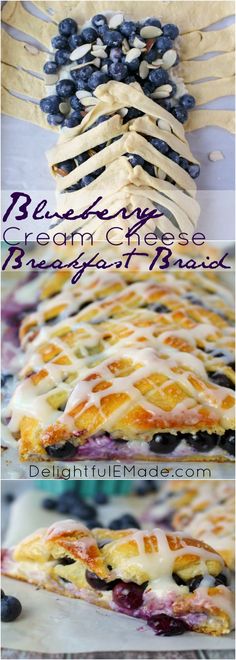 blueberry cream cheese crescent pastry is shown in three different views, including the top one with