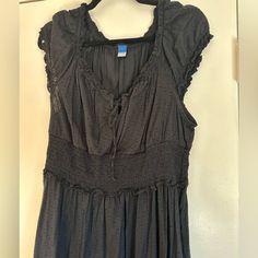 Black Ruffled Dress, Never Worn, No Tags. Stretches Around The Waist, Open Front With Tie Casual Black Maxi Dress With Ruffle Hem, Casual Black Maxi Dress With Ruffles, Black Short Sleeve Sundress Maxi Dress, Black Ruffled Maxi Dress For Day Out, Black Ruffled Dress, Old Navy Dresses, Black Ruffle, Front Open, Ruffle Dress